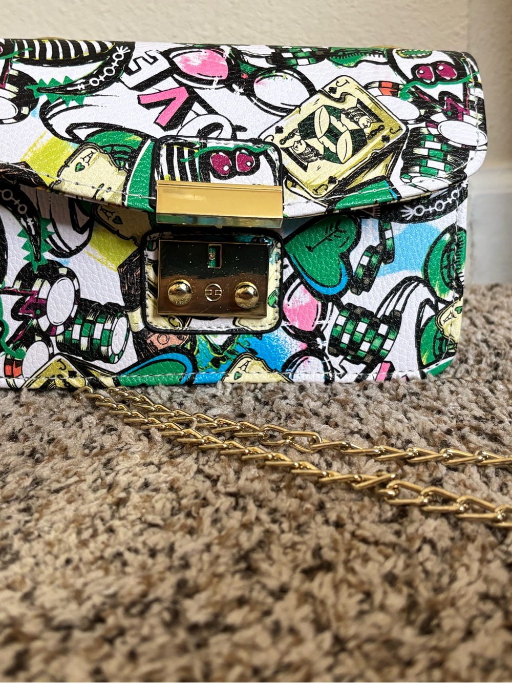 Gold-Trim Graphic Print Crossbody Bag in Multicolor